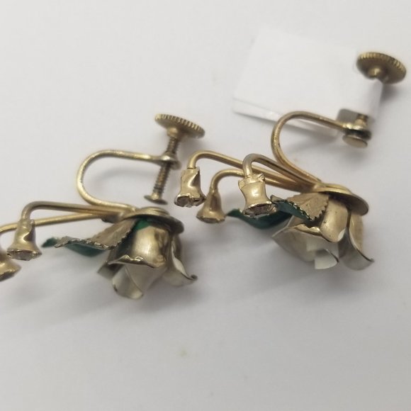 Vtg White Metal Roses with rhinestones clip-on Ear - Picture 2 of 2